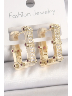 ® Pirinç Gold Renk Kare Zirkon Taşlı Kadın Küpe