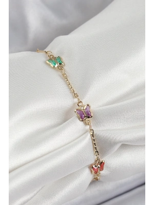® Pirinç Gold Renk Karışık Renk Kelebek Zirkon Taşlı Kadın Bileklik