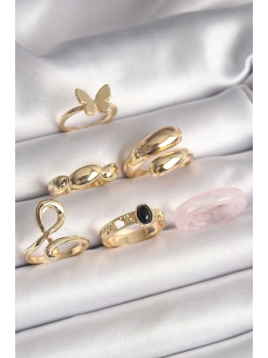 ® Pirinç Gold Renk Kelebek Figür Sarmal Model 6Lı Kadın Yüzük Seti