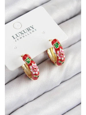 ® Pirinç Gold Renk Kırmızı Çiçek İşleme Mineli Kadın Küpe