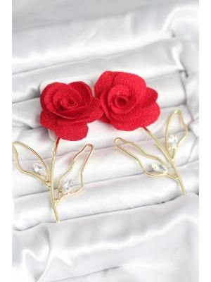 ® Pirinç Gold Renk Kırmızı Gül Model Kadın Küpe