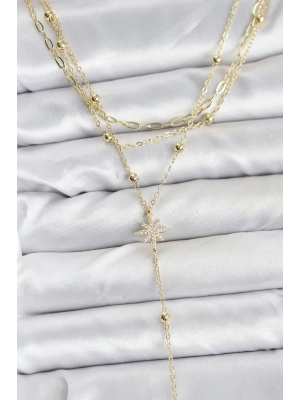 ® Pirinç Gold Renk Kutup Yıldızı Detaylı 3lü Kombin Kadın Kolye