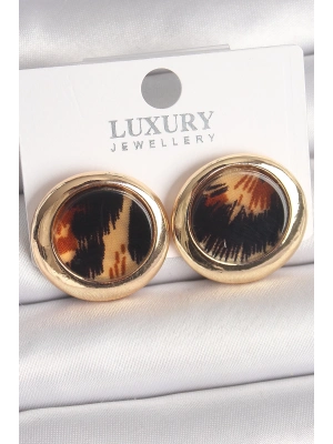 ® Pirinç Gold Renk Leopar Desen Daire Model Kadın Küpe