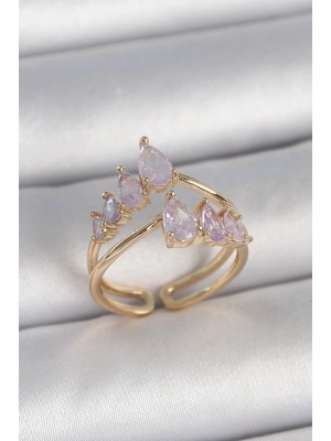 ® Pirinç Gold Renk Mor Damla Zirkon Taşlı Taç Model Kadın Yüzük