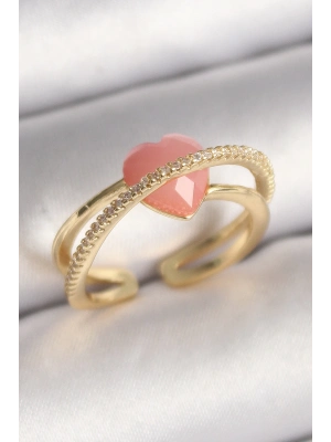 ® Pirinç Gold Renk Pembe Kristal Kalp Model Zirkon Taş Detaylı Kadın Yüzük