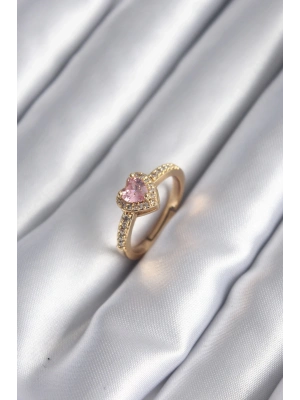 ® Pirinç Gold Renk Pembe Zirkon Taş Kalp Charm Model Kadın Yüzük