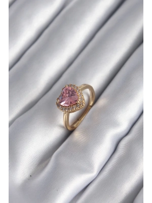 ® Pirinç Gold Renk Pembe Zirkon Taş Kalp Charm Model Kadın Yüzük
