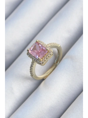 ® Pirinç Gold Renk Pembe Zirkon Taşlı Kadın Yüzük