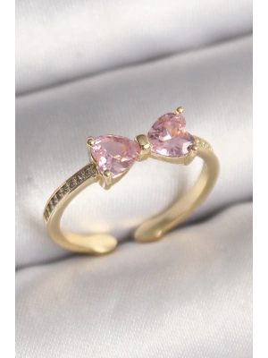 ® Pirinç Gold Renk Pembe Zirkon Taşlı Kalp Fiyonk Model Kadın Yüzük