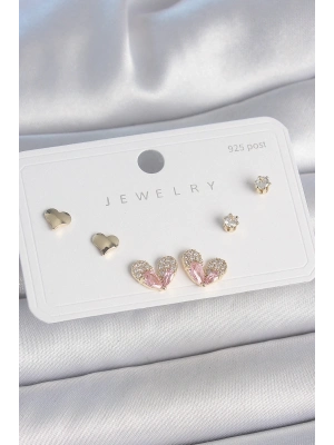 ® Pirinç Gold Renk Pembe Zirkon Taşlı Kalp Model 925 Ayar Gümüş Çivi Kadın Küpe Seti