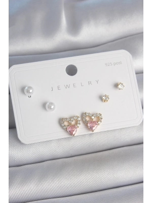 ® Pirinç Gold Renk Pembe Zirkon Taşlı Kalp Model İnci Detay 925 Ayar Kadın Küpe Seti