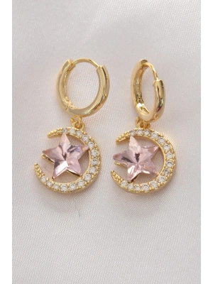 ® Pirinç Gold Renk Pembe Zirkon Taşlı Yıldız Detay Ay Küpe