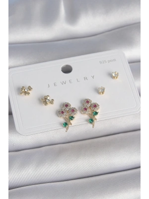 ® Pirinç Gold Renk Renkli Zirkon Taşlı Çiçek Model Yaprak Detay 925 Ayar Gümüş Çivi Kadın Küpe Seti