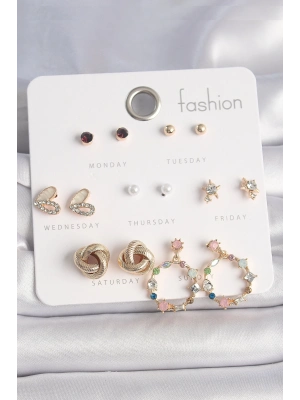 ® Pirinç Gold Renk Renkli Zirkon Taşlı Kalp Detay 7 Çift Kadın Küpe Seti