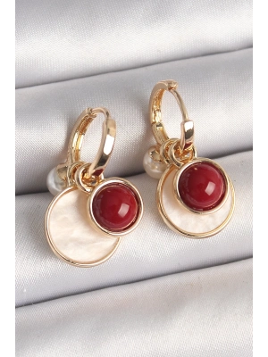 ® Pirinç Gold Renk Sallantı Beyaz Mineli Bordo Detay Kadın Küpe