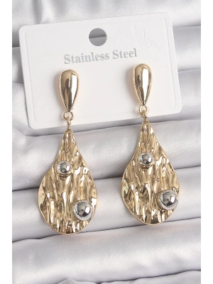 ® Pirinç Gold Renk Sallantı Damla Model Gümüş Top Detay Kadın Küpe