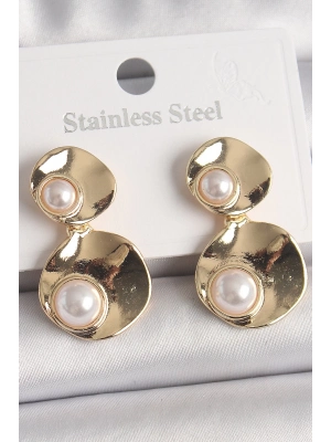 ® Pirinç Gold Renk Sallantı İnci Detaylı Daire Plaka Model Kadın Küpe