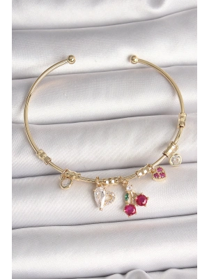 ® Pirinç Gold Renk Sallantı Kırmızı Zirkon Taşlı Kiraz Figür Charm Kadın Bileklik