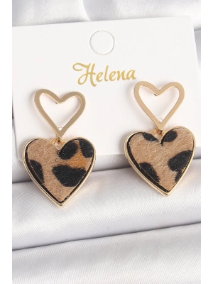 ® Pirinç Gold Renk Sallantı Leopar Kalp Model Kadın Küpe