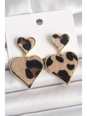 ® Pirinç Gold Renk Sallantı Leopar Kalp Model Kadın Küpe