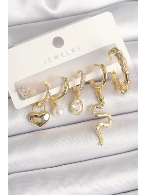 ® Pirinç Gold Renk Sallantı Yılan Model Zirkon Taşlı Halka Kilit Kalp Detay Kadın Küpe Seti