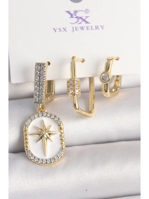 ® Pirinç Gold Renk Sallantı Zirkon Taş İşlmeli Yıldız Portre Model 3Lü Kadın Kombin Küpe