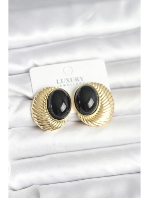 ® Pirinç Gold Renk Siyah Boncuklu Oval Vintage Kadın Küpe