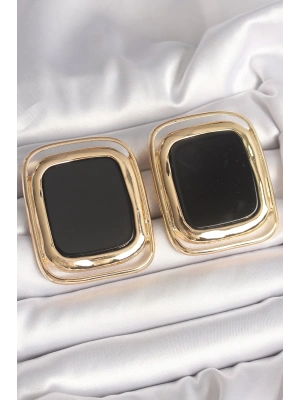 ® Pirinç Gold Renk Siyah Mineli Kare Model Kadın Küpe