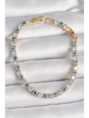 ® Pirinç Gold Renk Su Yolu Zirkon Taşlı Nazar Boncuklu Kadın Bileklik