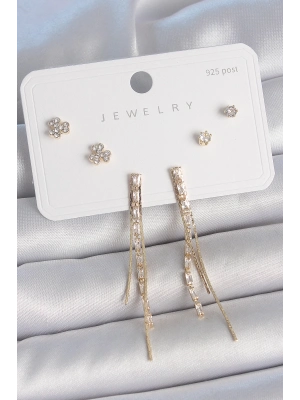 ® Pirinç Gold Renk Su Yolu Zirkon Taşlı Sallantı Model Çiçek Detay 925 Ayar Gümüş Çivi Kadın Küpe Seti