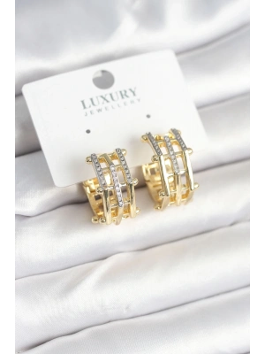 ® Pirinç Gold Renk Taşlı Halka Kadın Küpe