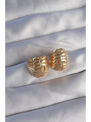 ® Pirinç Gold Renk Tırtıklı Minimal Bombeli Tasarım Küpe