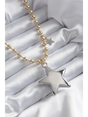 ® Pirinç Gold Renk Topçuk Zincir Gümüş 3D Yıldız Model Yıldız Detay VİP Kadın Kolye