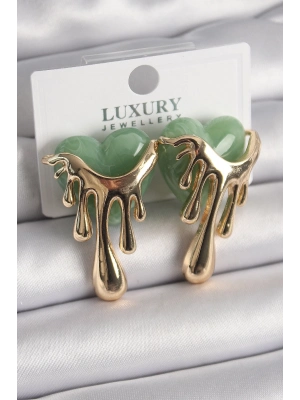 ® Pirinç Gold Renk Yeşil Sedefli Akan Kalp Model Kadın Küpe