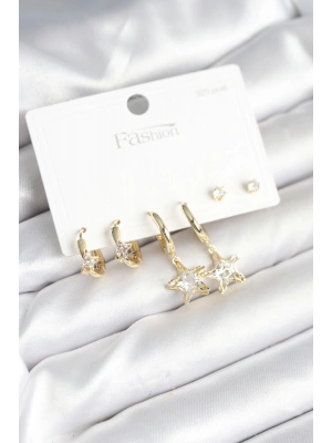 ® Pirinç Gold Renk Yıldız Model 925 Gümüş Çivili Kadın Küpe Seti