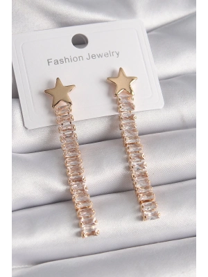 ® Pirinç Gold Renk Yıldız Model Su Yolu Zirkon Taşlı Kadın Küpe