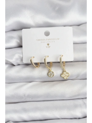 ® Pirinç Gold Renk Yonca Model 3lü Kadın Küpe Seti