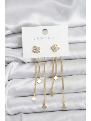 ® Pirinç Gold Renk Yonca Model Sallantılı Kadın Küpe