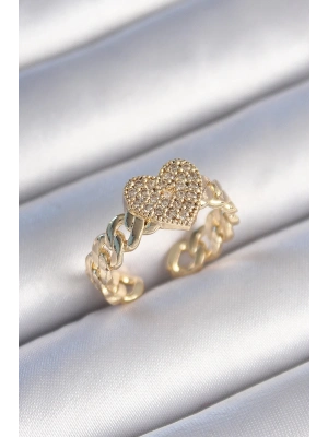 ® Pirinç Gold Renk Zincir Kordon Zirkon Taşlı Kalp Model Kadın Yüzük