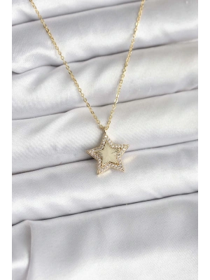 ® Pirinç Gold Renk Zincirli Yıldızlı Model Kadın Kolye