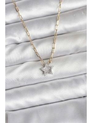 ® Pirinç Gold Renk Zincirli Zirkon Taşlı Minimal Yıldız Model Kadın Kolye