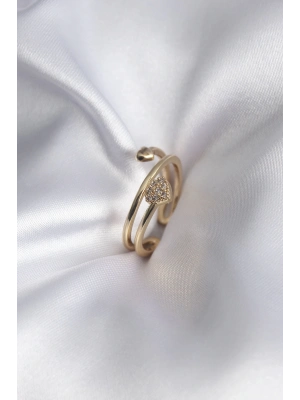 ® Pirinç Gold Renk Zirkon Taş Detay Kalp Model Kadın Yüzük