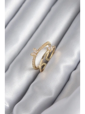 ® Pirinç Gold Renk Zirkon Taş Detay Kelebek Model Kadın Yüzük
