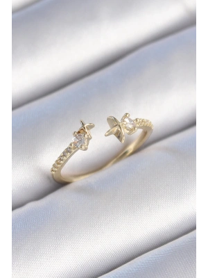 ® Pirinç Gold Renk Zirkon Taş Detay Yıldız Model Kadın Yüzük