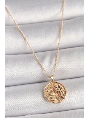 ® Pirinç Gold Renk Zirkon Taş Detaylı Gül İşleme Madalyon Model Kadın Kolye