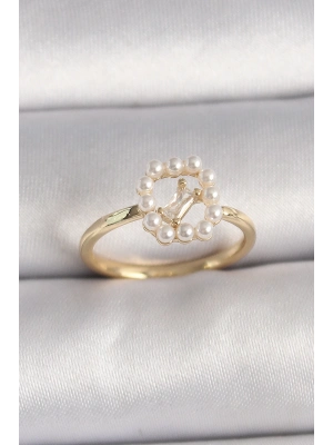 ® Pirinç Gold Renk Zirkon Taş Detaylı İncili Ayarlanabilir Yüzük