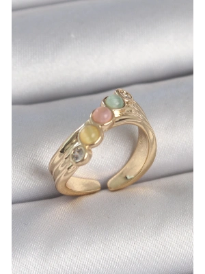 ® Pirinç Gold Renk Zirkon Taş Detaylı Karışık Mineli Ayarlanabilir Kadın Yüzük