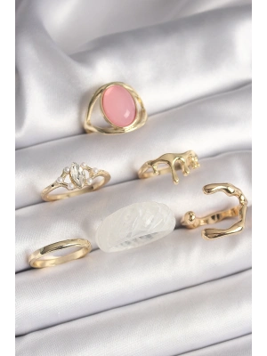 ® Pirinç Gold Renk Zirkon Taş Detaylı Pembe Mineli 6Lı Kadın Yüzük Seti