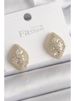 ® Pirinç Gold Renk Zirkon Taş İşlemeli Damla Model Kadın Küpe
