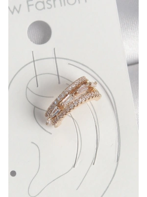 ® Pirinç Gold Renk Zirkon Taşlı 3Lü Sıralı Model Kadın Kıkırdak Küpe